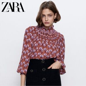 ZARA WOMAN | Stretchy Printed Blouse Ocher Long Sleeve High Neck Top